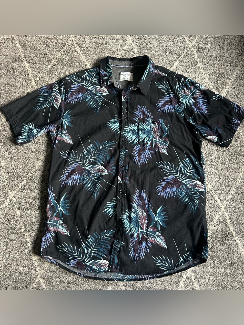 Men's Hawaiian Tropical Button-Down Camp Shirt Black Teal Purple Cotton L
